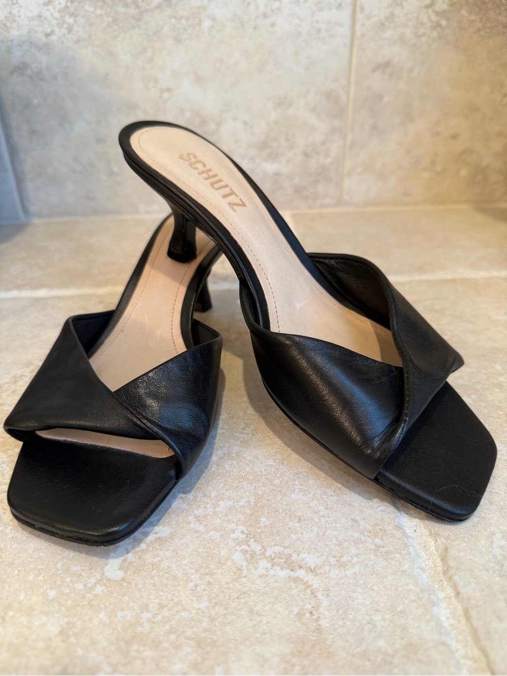 SCHUTZ Black Leather Open-Toe Mule Heels